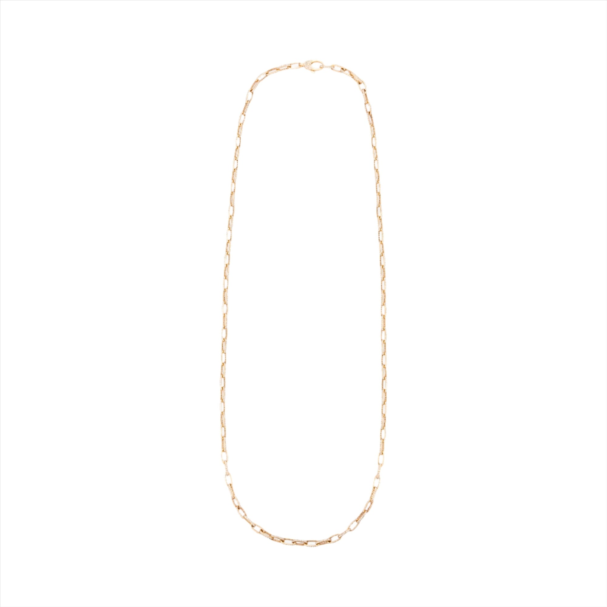 Luxurious 14K solid gold cable chain featuring encrusted diamonds along the links and an elegant diamond-accented clasp, offering a refined and sophisticated 33-inch statement piece.