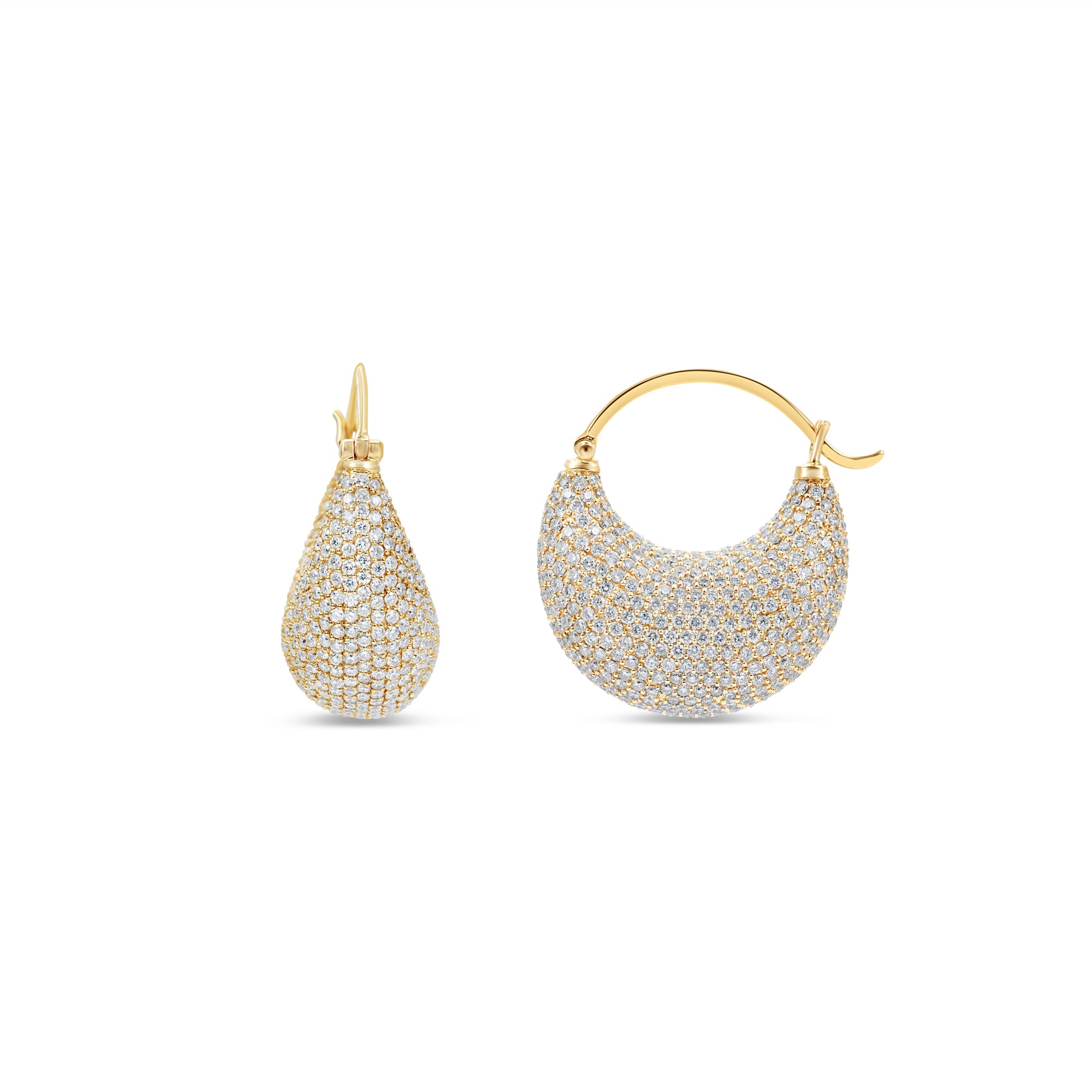 Classic diamond encrusted saddle hoop earrings crafted in 14K yellow gold, featuring a seamless array of sparkling diamonds for a timeless and elegant look. Front and side view. 
