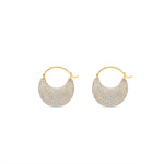 Classic diamond encrusted saddle hoop earrings crafted in 14K yellow gold, featuring a seamless array of sparkling diamonds for a timeless and elegant look. Side view, close up.