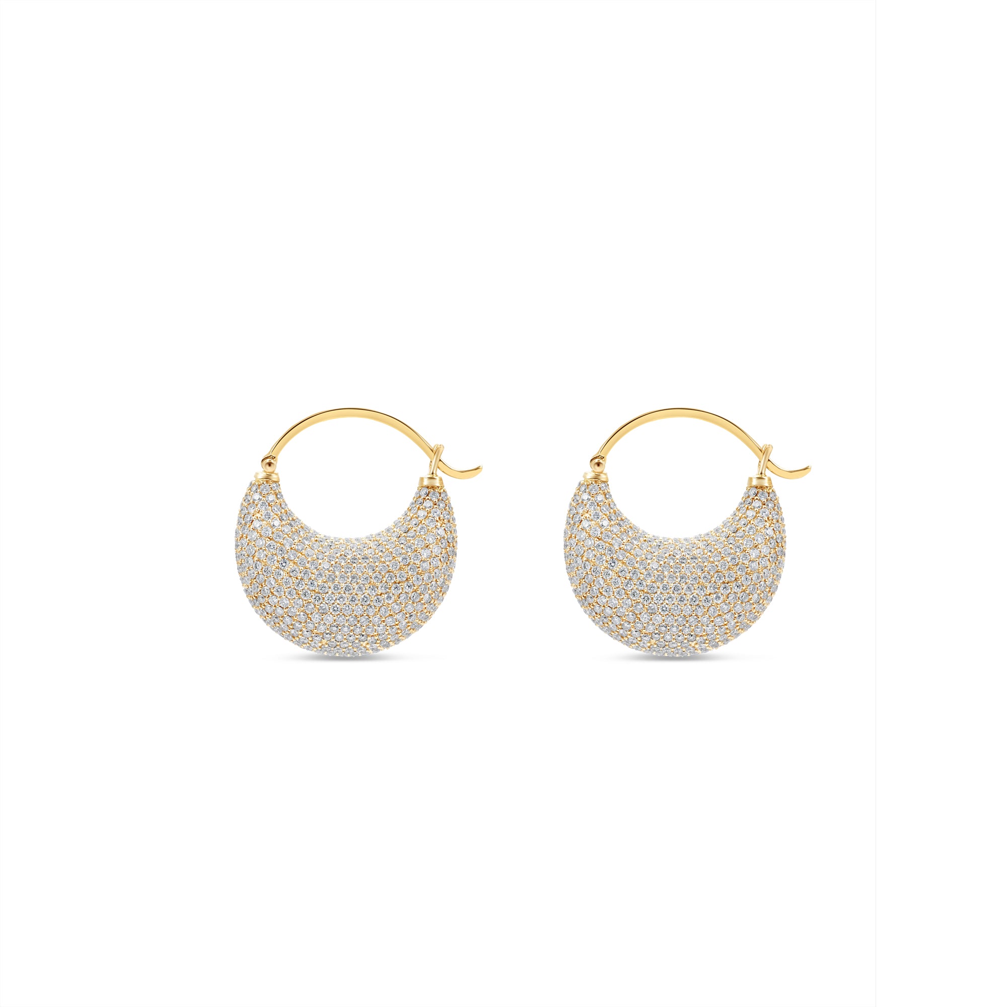 Classic diamond encrusted saddle hoop earrings crafted in 14K yellow gold, featuring a seamless array of sparkling diamonds for a timeless and elegant look. Side view, close up.