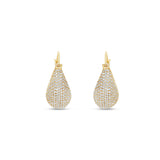Classic diamond encrusted saddle hoop earrings crafted in 14K yellow gold, featuring a seamless array of sparkling diamonds for a timeless and elegant look. Side view, close up.
