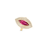 Art Deco-inspired 18K yellow gold ring featuring a radiant marquise-cut pink tourmaline encircled by a sparkling double diamond halo, meticulously crafted for timeless elegance and sophistication. Close up front 