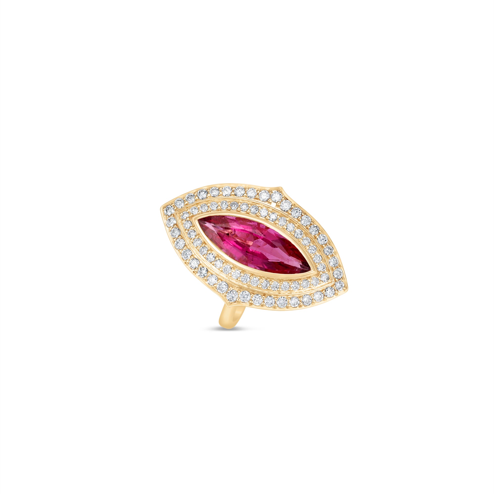 Art Deco-inspired 18K yellow gold ring featuring a radiant marquise-cut pink tourmaline encircled by a sparkling double diamond halo, meticulously crafted for timeless elegance and sophistication. Close up front 