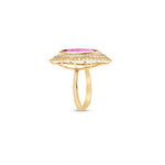 Art Deco-inspired 18K yellow gold ring featuring a radiant marquise-cut pink tourmaline encircled by a sparkling double diamond halo, meticulously crafted for timeless elegance and sophistication. Close up side.