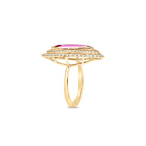 Art Deco-inspired 18K yellow gold ring featuring a radiant marquise-cut pink tourmaline encircled by a sparkling double diamond halo, meticulously crafted for timeless elegance and sophistication. Close up side, zoomed. 