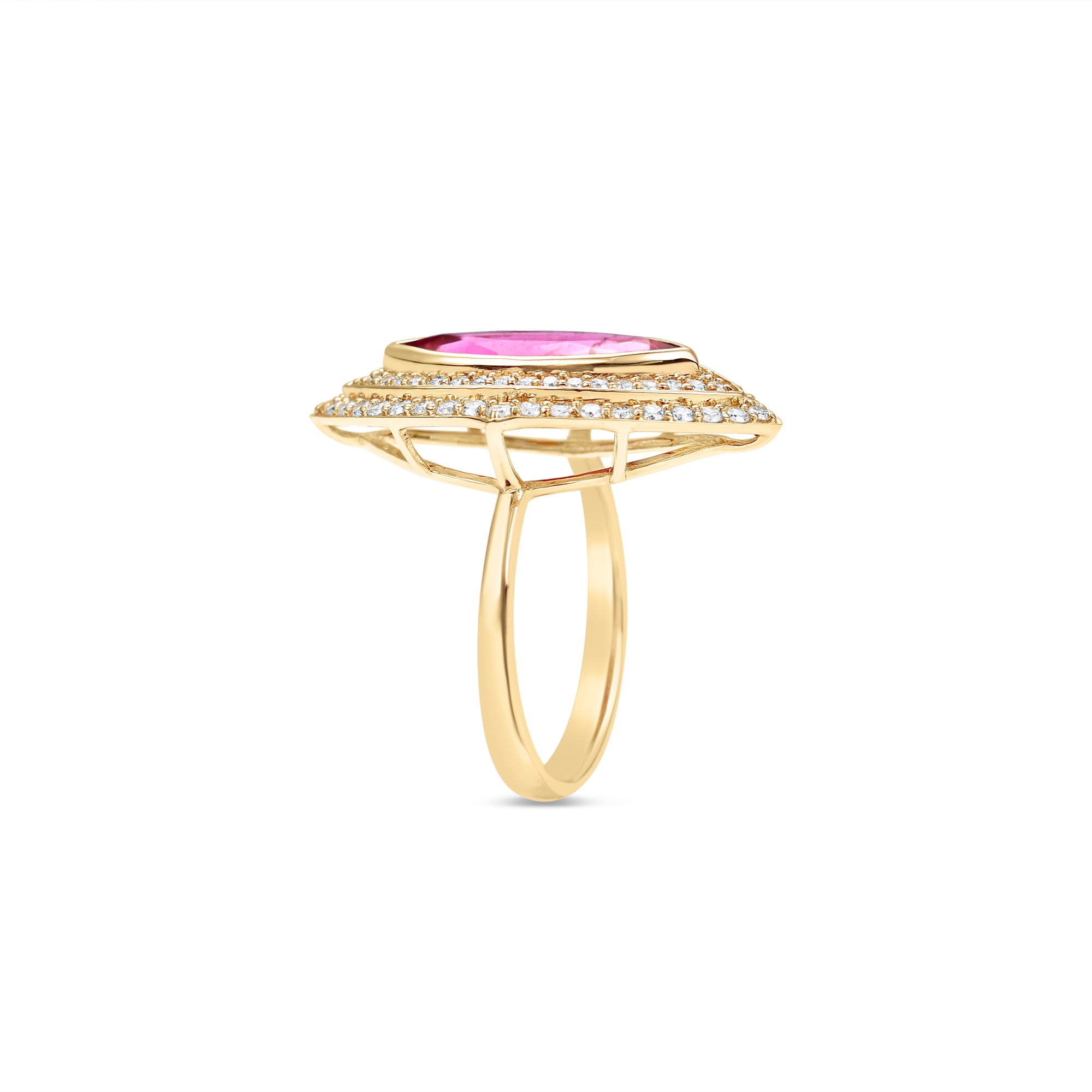 Art Deco-inspired 18K yellow gold ring featuring a radiant marquise-cut pink tourmaline encircled by a sparkling double diamond halo, meticulously crafted for timeless elegance and sophistication. Close up side, zoomed. 