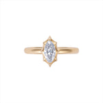 Modern deco-inspired 14K yellow gold ring featuring a sleek 0.56ct G-H VS marquise-cut diamond in a striking starburst design, offering a unique and refined statement silhouette.