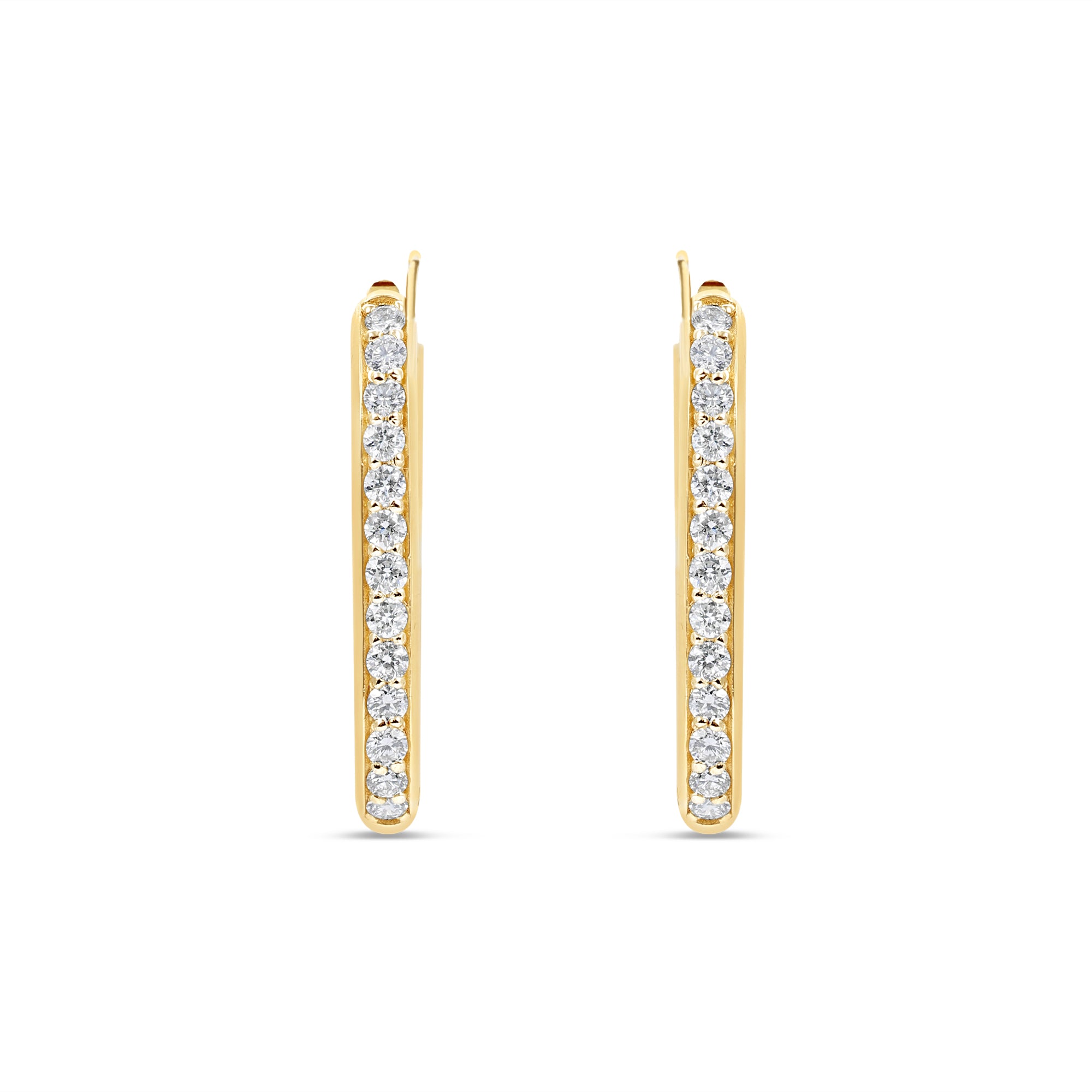 Sleek and contemporary oblong inside-out hoop earrings crafted in radiant 14K yellow gold, featuring dazzling white diamonds adorning both sides for an elegant and timeless addition to her jewelry collection.