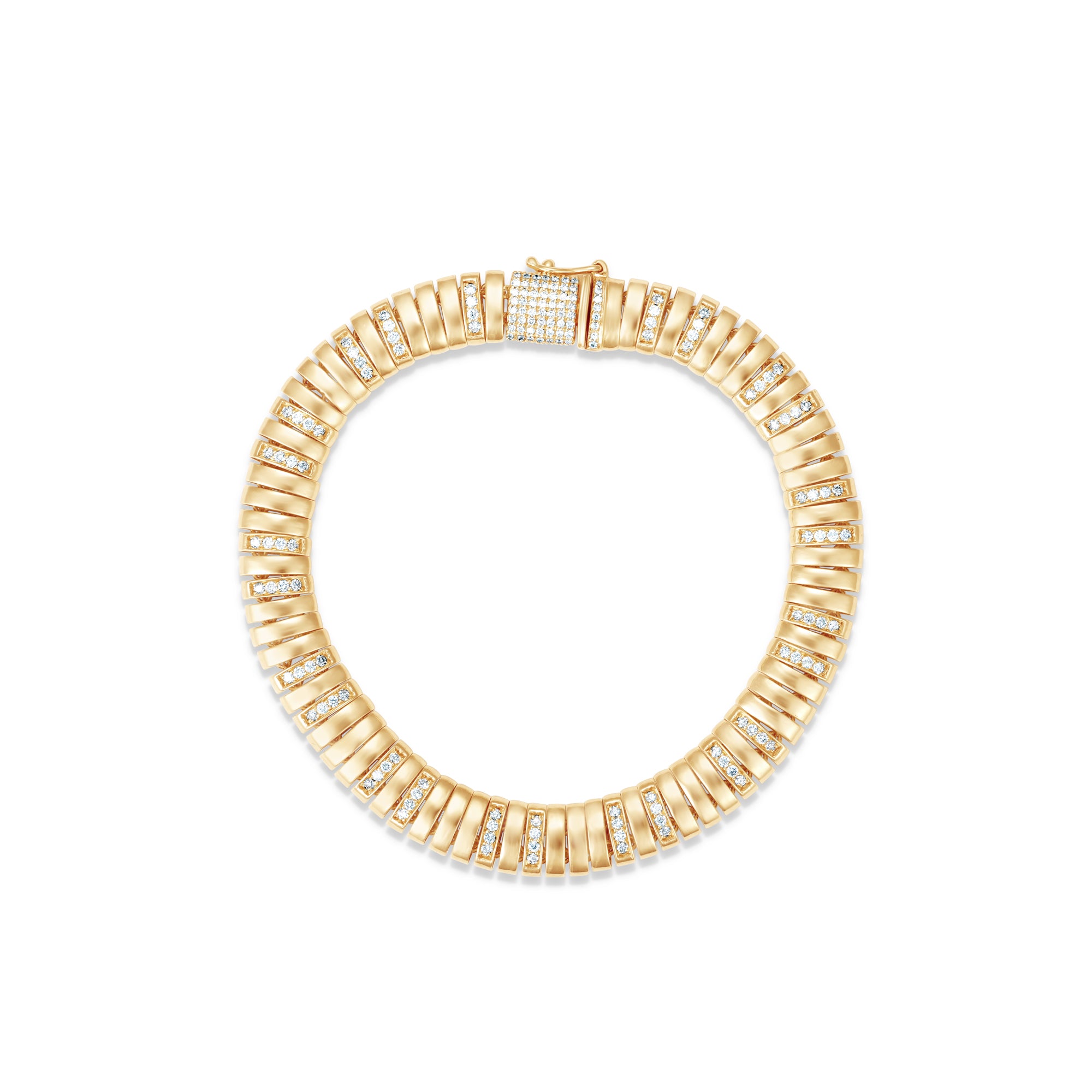 Elegant 14K Italian yellow gold ribbed slinky bracelet featuring shimmering diamond accents, offering a sleek, flexible design that combines comfort and sophistication.