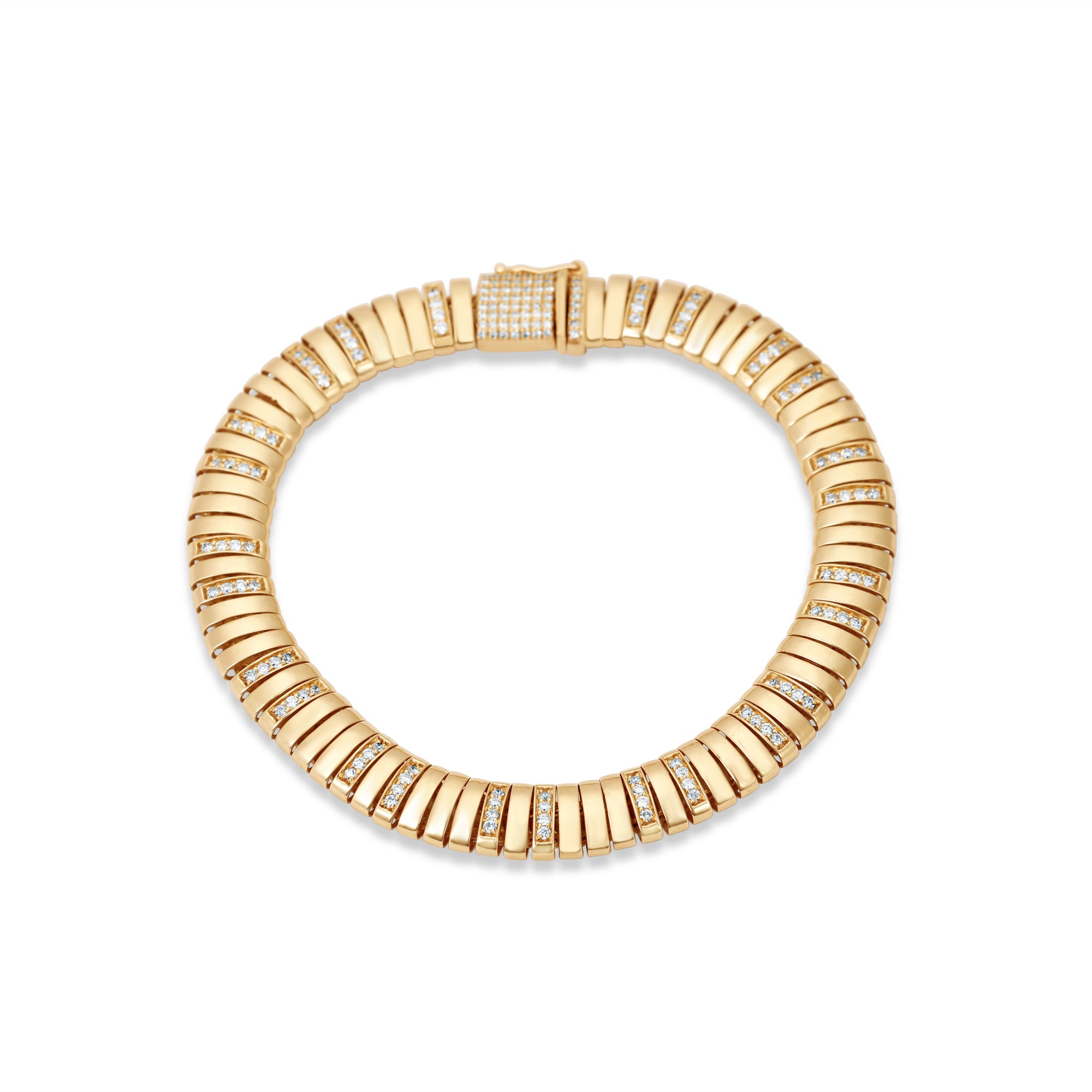 Elegant 14K Italian yellow gold ribbed slinky bracelet featuring shimmering diamond accents, offering a sleek, flexible design that combines comfort and sophistication.