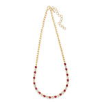 Timeless 14K yellow gold bead necklace featuring a perfect combination of natural rubies and sparkling diamonds, with an adjustable design for versatile elegance, ideal for any special occasion. Front view of entire necklace. 