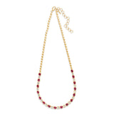 Timeless 14K yellow gold bead necklace featuring a perfect combination of natural rubies and sparkling diamonds, with an adjustable design for versatile elegance, ideal for any special occasion. Front view of entire necklace. 