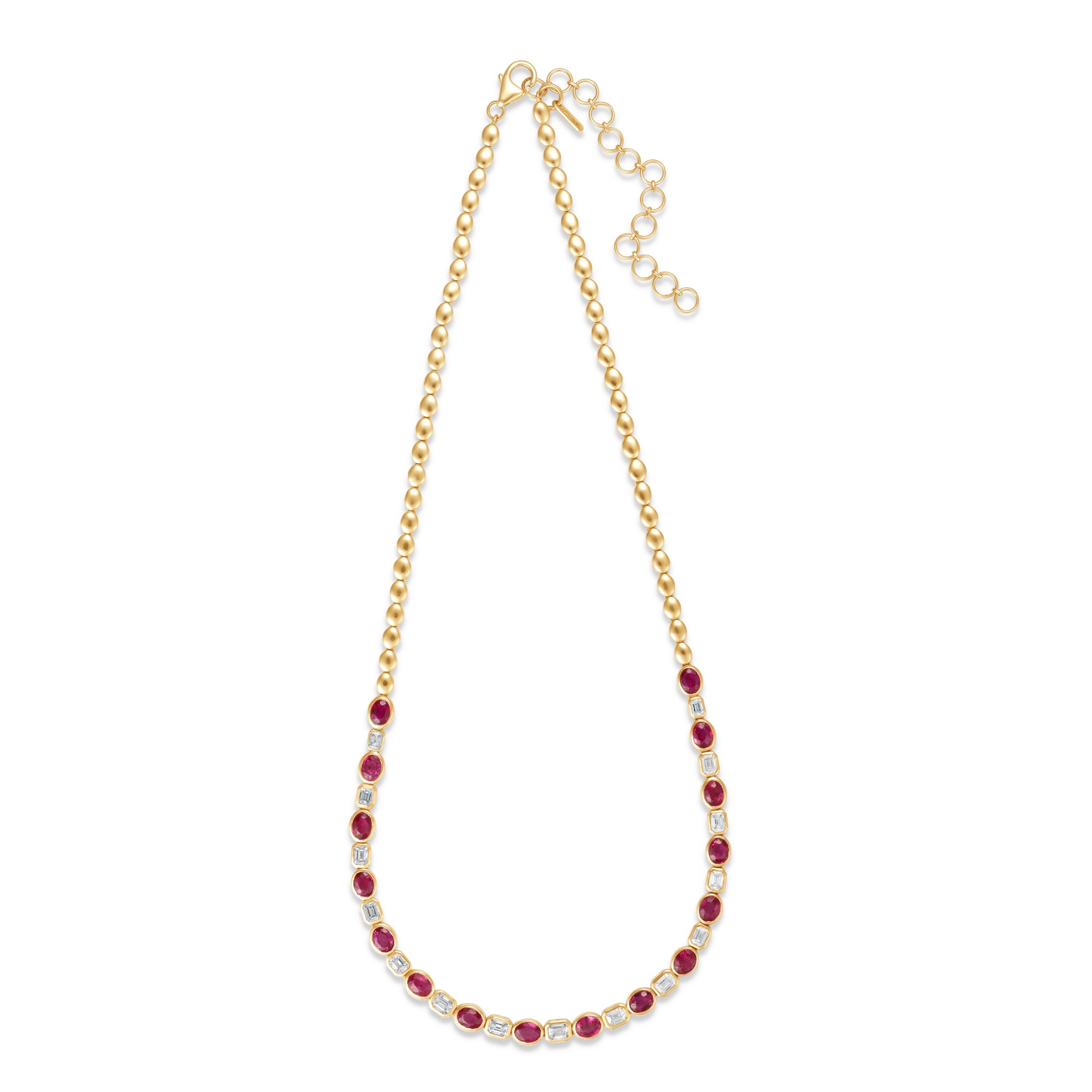 Timeless 14K yellow gold bead necklace featuring a perfect combination of natural rubies and sparkling diamonds, with an adjustable design for versatile elegance, ideal for any special occasion. Front view of entire necklace. 