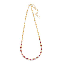 Timeless 14K yellow gold bead necklace featuring a perfect combination of natural rubies and sparkling diamonds, with an adjustable design for versatile elegance, ideal for any special occasion. Front view of entire necklace. 