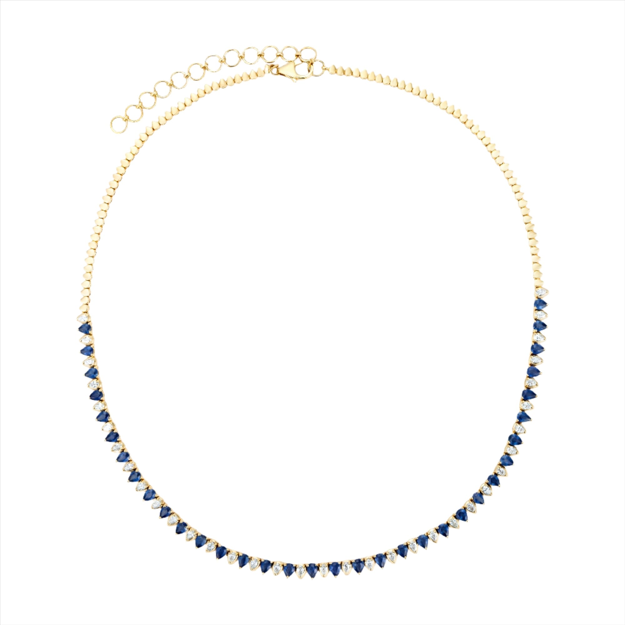 Adjustable 14K yellow gold beaded necklace featuring 5.32ct of pear-shaped blue sapphires and 1.36ct of diamonds, with a 40–46cm length and total weight of 17.33g—a graceful and luxurious statement piece.
