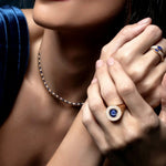 Adjustable 14K yellow gold beaded necklace featuring 5.32ct of pear-shaped blue sapphires and 1.36ct of diamonds, with a 40–46cm length and total weight of 17.33g—a graceful and luxurious statement piece.