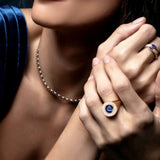 Adjustable 14K yellow gold beaded necklace featuring 5.32ct of pear-shaped blue sapphires and 1.36ct of diamonds, with a 40–46cm length and total weight of 17.33g—a graceful and luxurious statement piece.