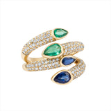 Elegant 14K yellow gold serpent-inspired bypass ring featuring two pear-shaped bezel-set emeralds (0.7ct) accented by 0.5ct of G-H VS pavé diamonds—perfect for day or night wear.