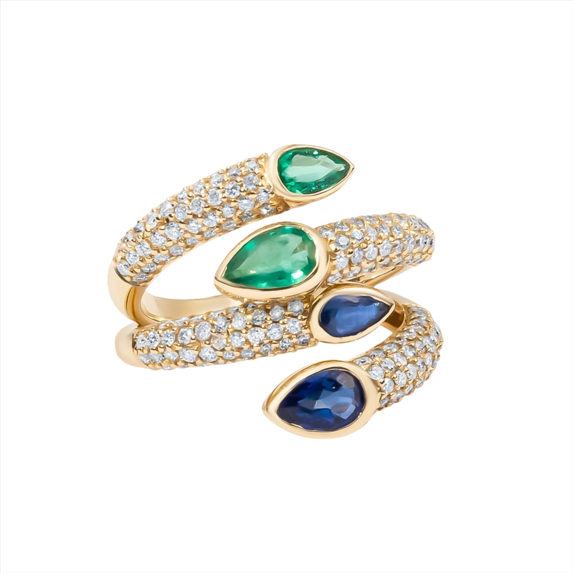 Elegant 14K yellow gold serpent-inspired bypass ring featuring two pear-shaped bezel-set emeralds (0.7ct) accented by 0.5ct of G-H VS pavé diamonds—perfect for day or night wear.