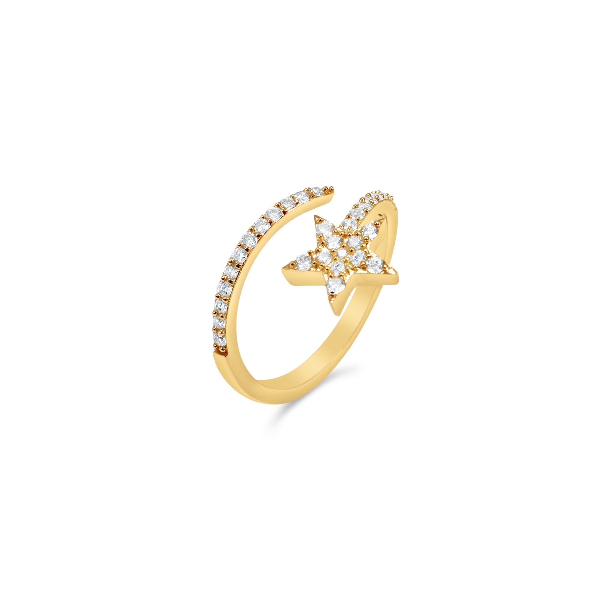 Stunning shooting star bypass ring crafted in 14K yellow gold, featuring a radiant pavé diamond star paired with a graceful bypass pavé diamond band, evoking celestial beauty and elegance. Side angle, close up. 