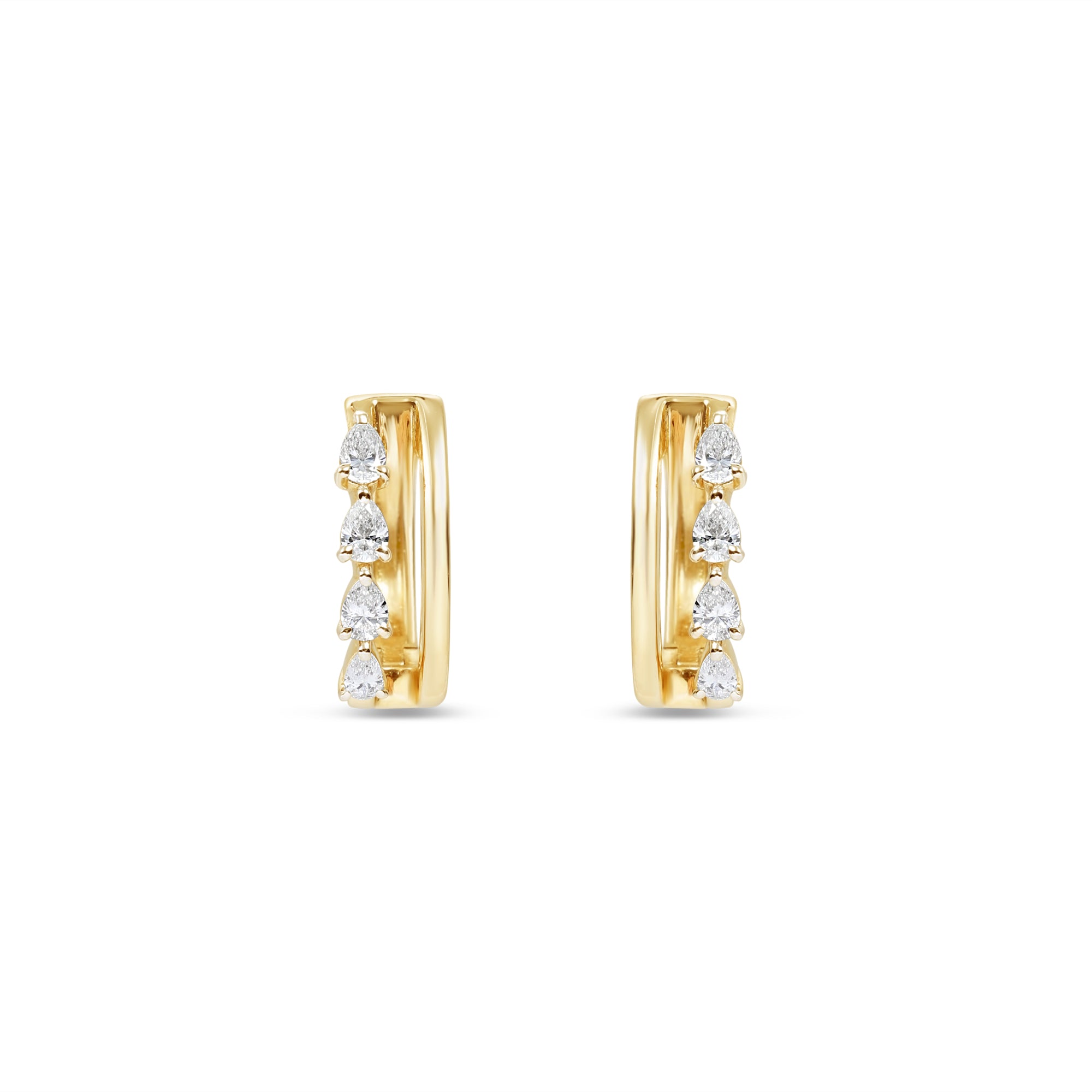 Sleek 14K yellow gold hinged huggie hoop earrings featuring four radiant pear-shaped diamonds arranged side by side, offering a blend of minimalism, brilliance, and timeless sophistication. Close up front view. 