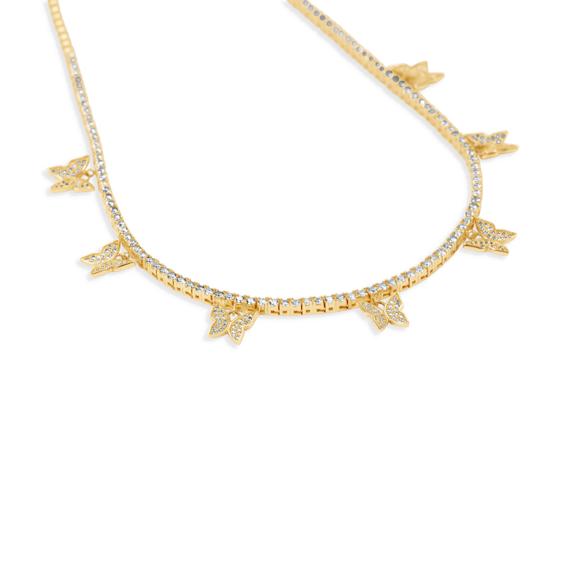 Enchanting 14K gold diamond tennis choker necklace featuring dainty butterfly charms adorned with sparkling diamonds, offering an adjustable fit for timeless elegance and playful charm. Close up of butterflies.