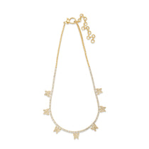 Enchanting 14K gold diamond tennis choker necklace featuring dainty butterfly charms adorned with sparkling diamonds, offering an adjustable fit for timeless elegance and playful charm. Front view, full necklace.