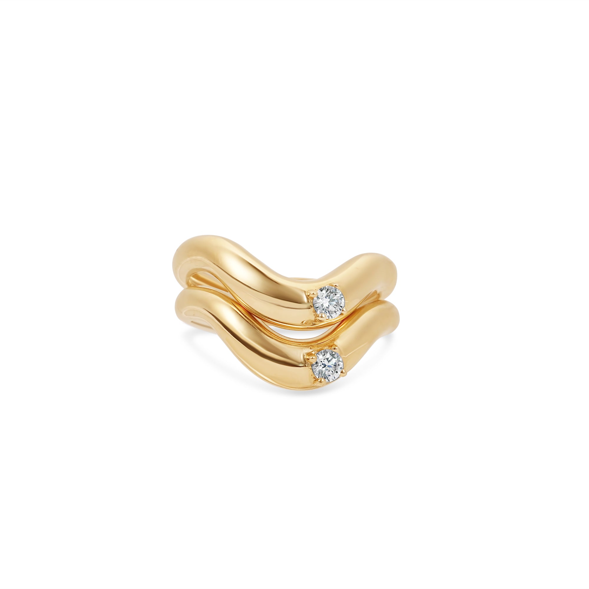 Stylish stackable wave ring crafted in 14K gold, featuring a sleek design that gracefully cradles a dazzling round-cut diamond accent, perfect for layering or wearing alone. Stacked