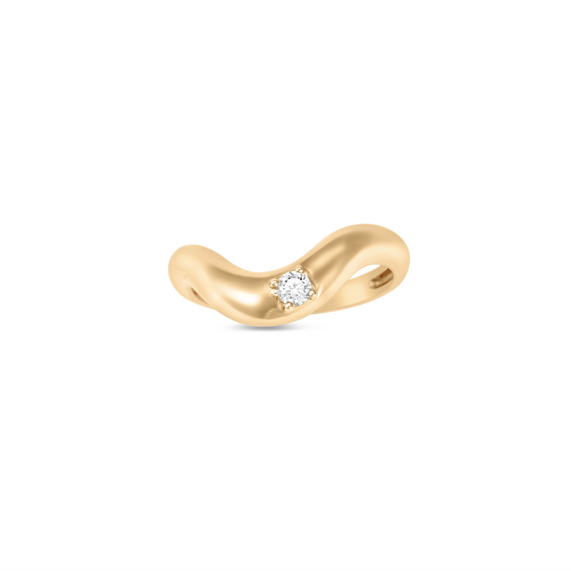 Stylish stackable wave ring crafted in 14K gold, featuring a sleek design that gracefully cradles a dazzling round-cut diamond accent, perfect for layering or wearing alone. Front, close up. 