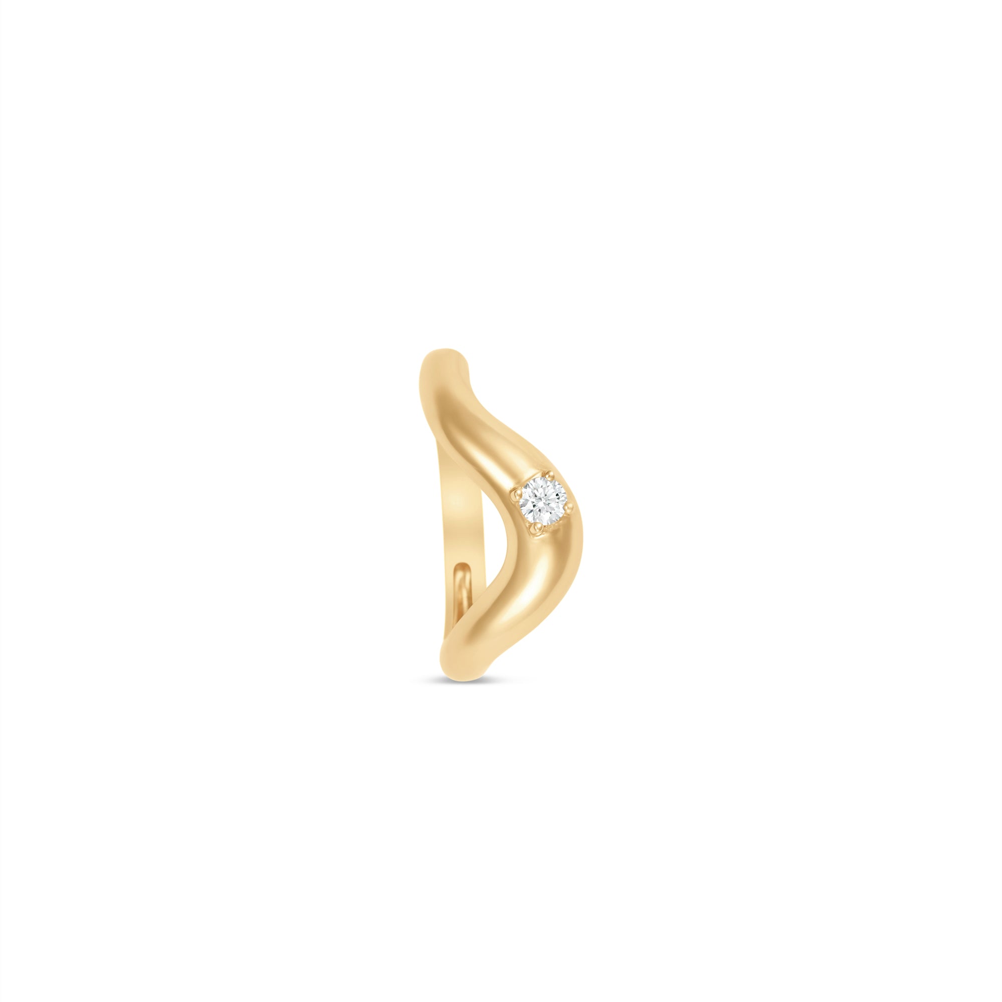 Stylish stackable wave ring crafted in 14K gold, featuring a sleek design that gracefully cradles a dazzling round-cut diamond accent, perfect for layering or wearing alone. Side. 