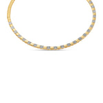 Striking 14K yellow gold checkered necklace featuring alternating square gold beads and pavé diamond links, offering a bold yet elegant statement with an adjustable fit. Close up. 