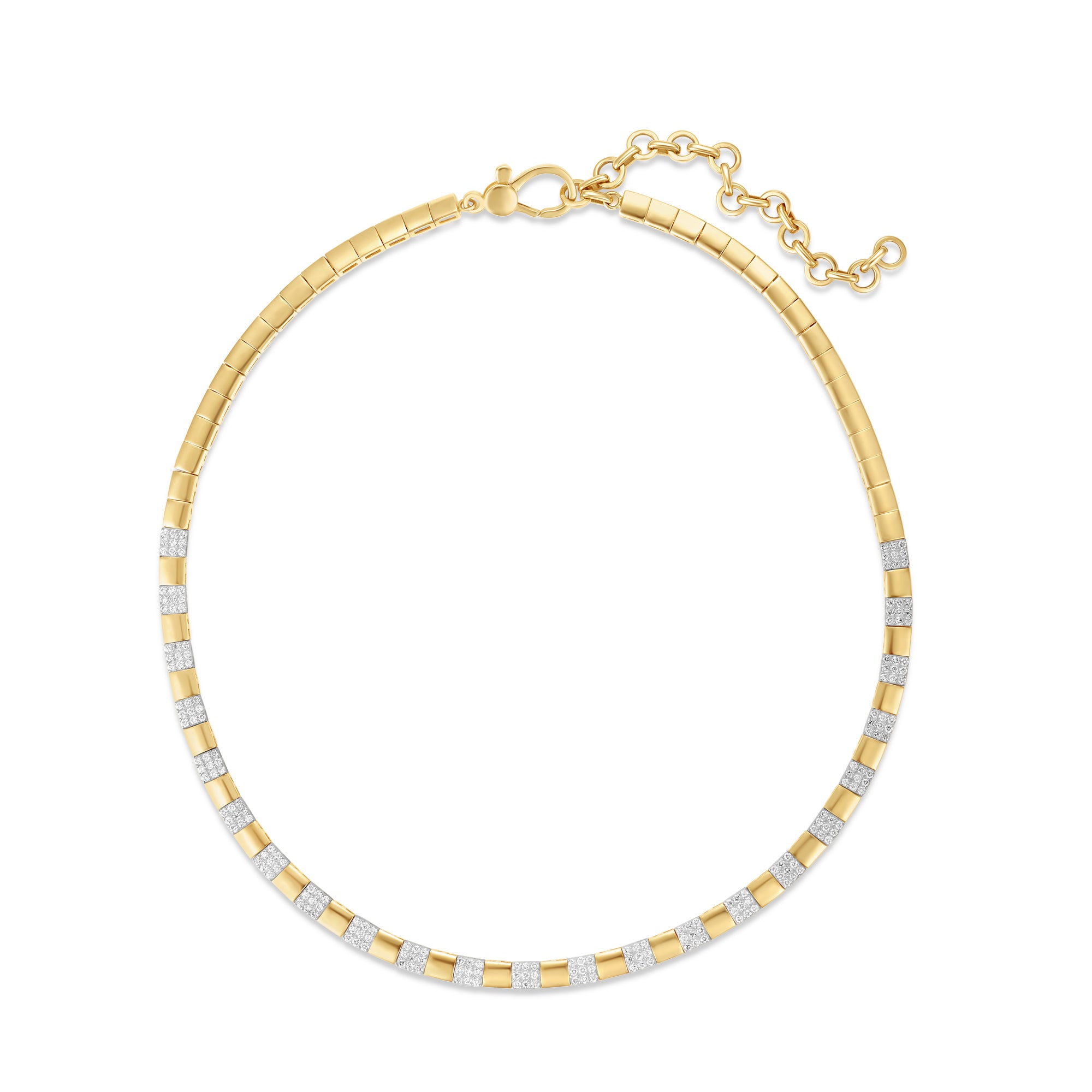 Striking 14K yellow gold checkered necklace featuring alternating square gold beads and pavé diamond links, offering a bold yet elegant statement with an adjustable fit. Front, full view. 