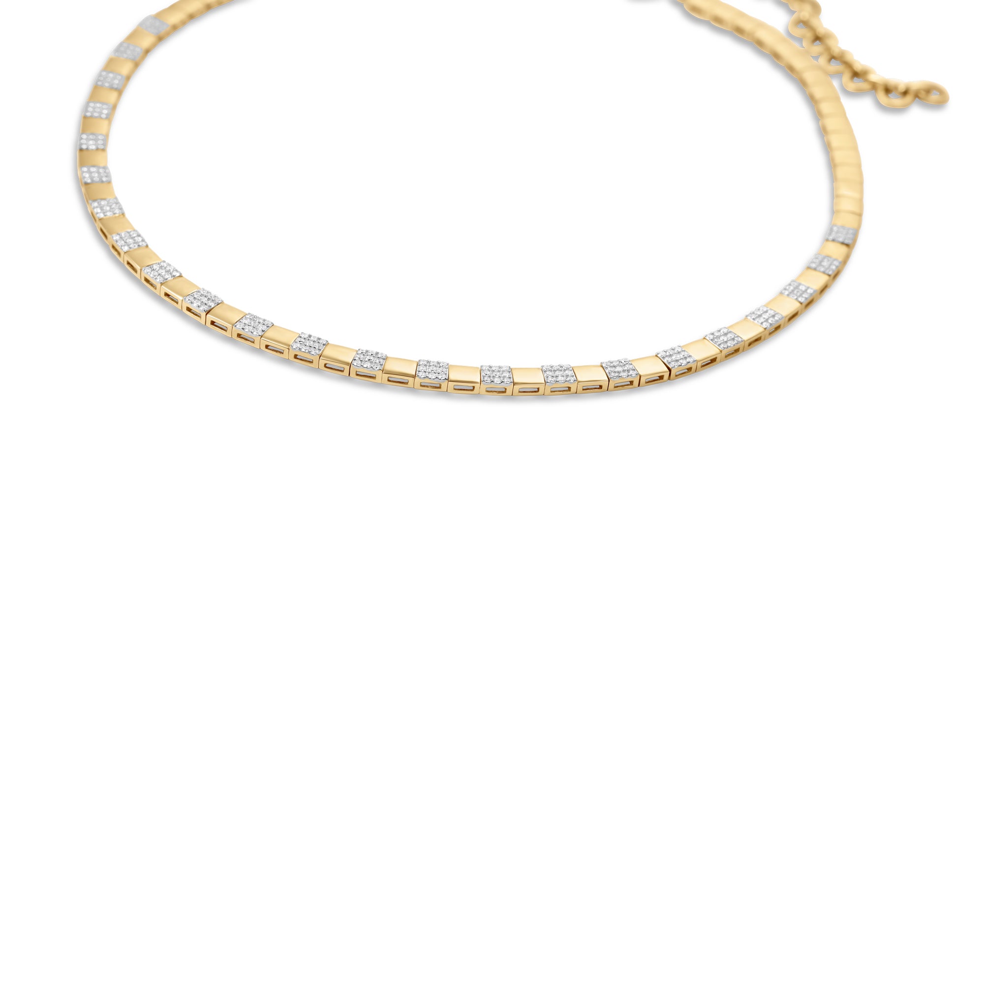 Striking 14K yellow gold checkered necklace featuring alternating square gold beads and pavé diamond links, offering a bold yet elegant statement with an adjustable fit. Side view, close up. 