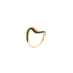 Striking 14K yellow gold wave ring featuring a bold double-wave design, accented with captivating black diamonds and sleek black rhodium details for modern elegance. Side angle, close up. 