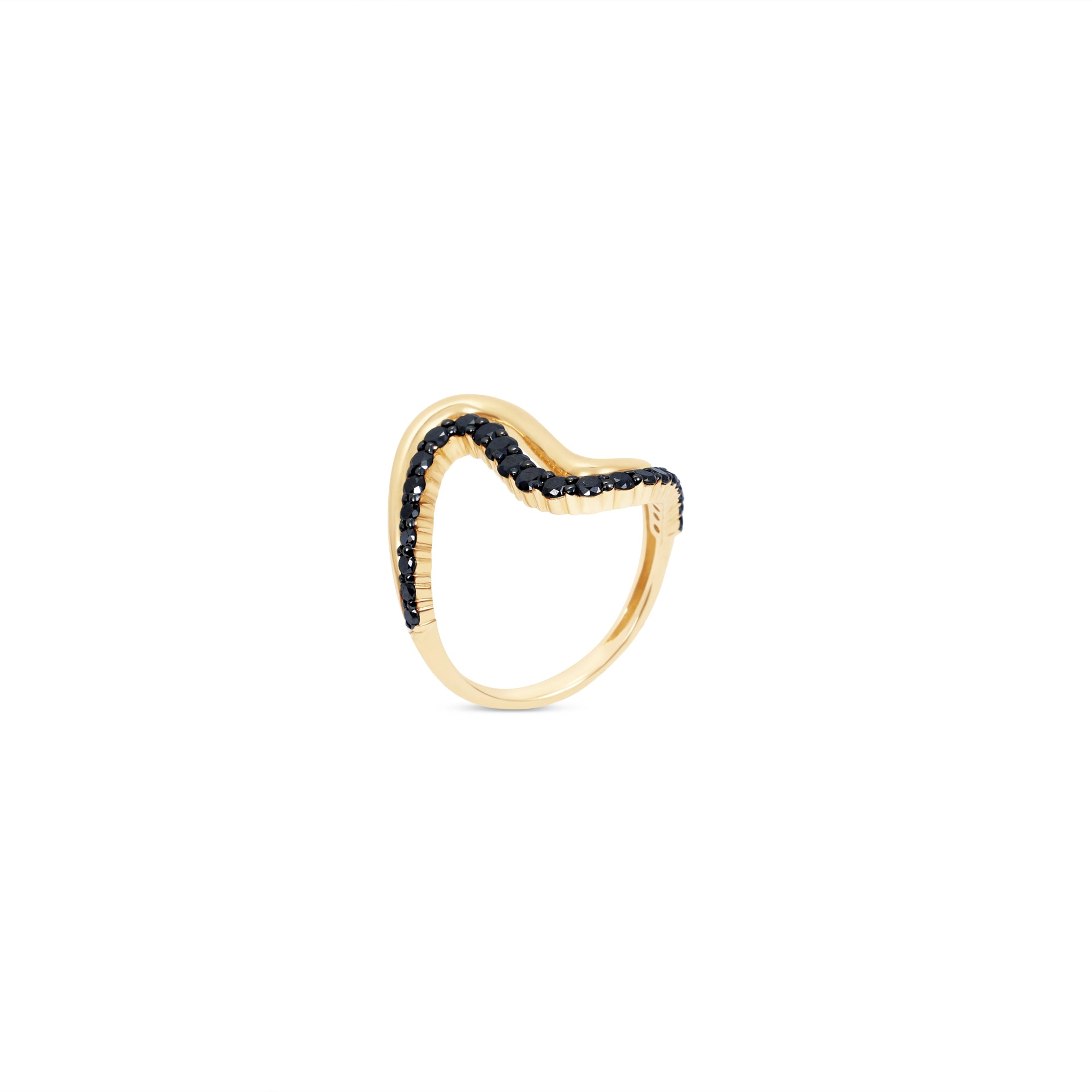 Striking 14K yellow gold wave ring featuring a bold double-wave design, accented with captivating black diamonds and sleek black rhodium details for modern elegance. Side angle, close up. 