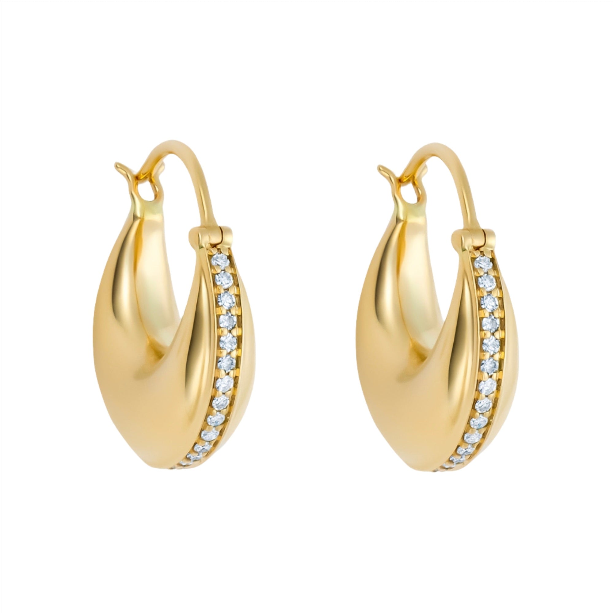 Elegant 14K yellow gold domed saddle hoop earrings featuring a curved silhouette with a row of 0.42ct channel-set diamonds, measuring 0.75 inches wide and weighing 6.97g.