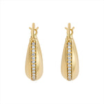 Elegant 14K yellow gold domed saddle hoop earrings featuring a curved silhouette with a row of 0.42ct channel-set diamonds, measuring 0.75 inches wide and weighing 6.97g.