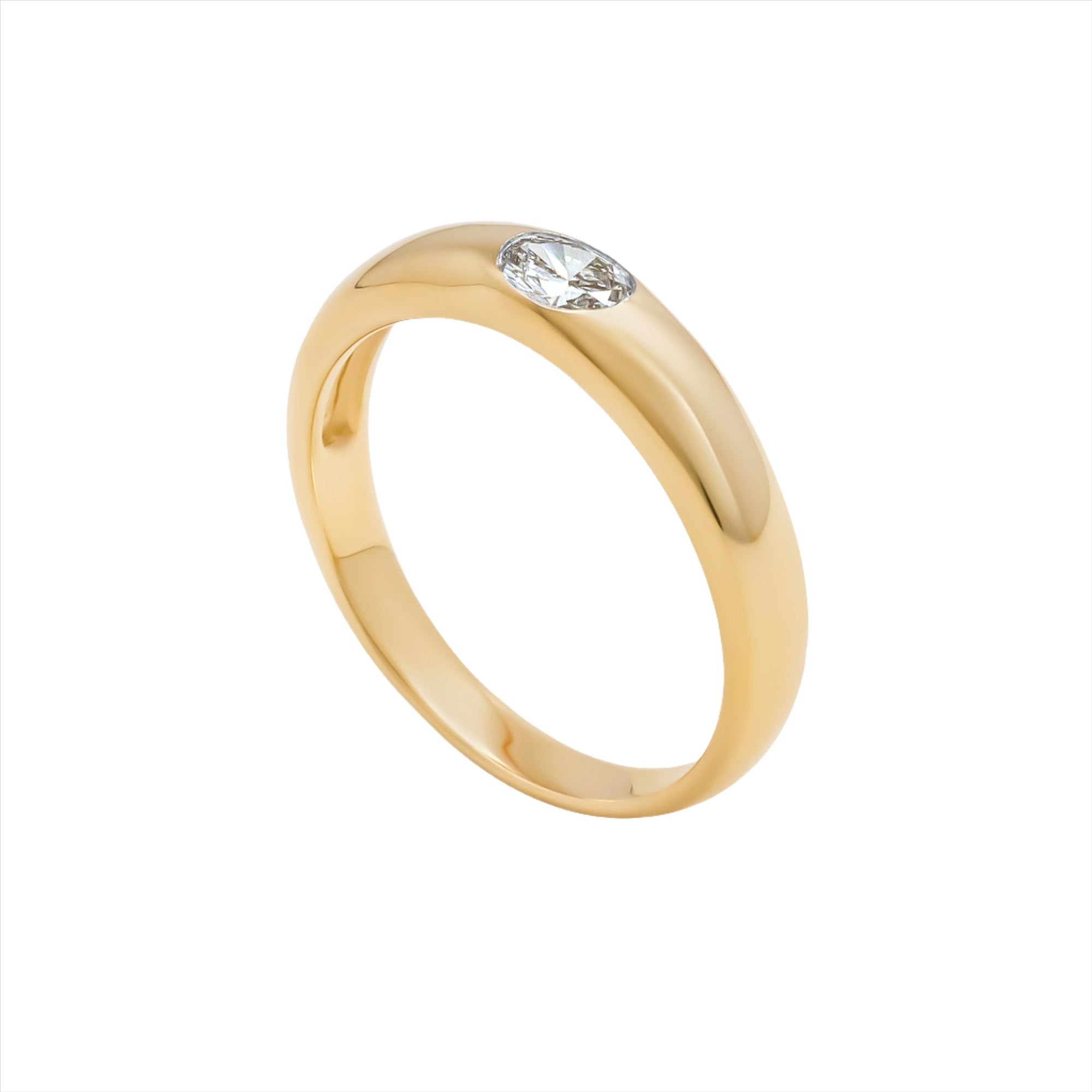 Sleek 14K yellow gold domed band ring featuring a 0.25ct G-H VS oval-cut diamond, designed for stacking or wearing solo with timeless elegance.