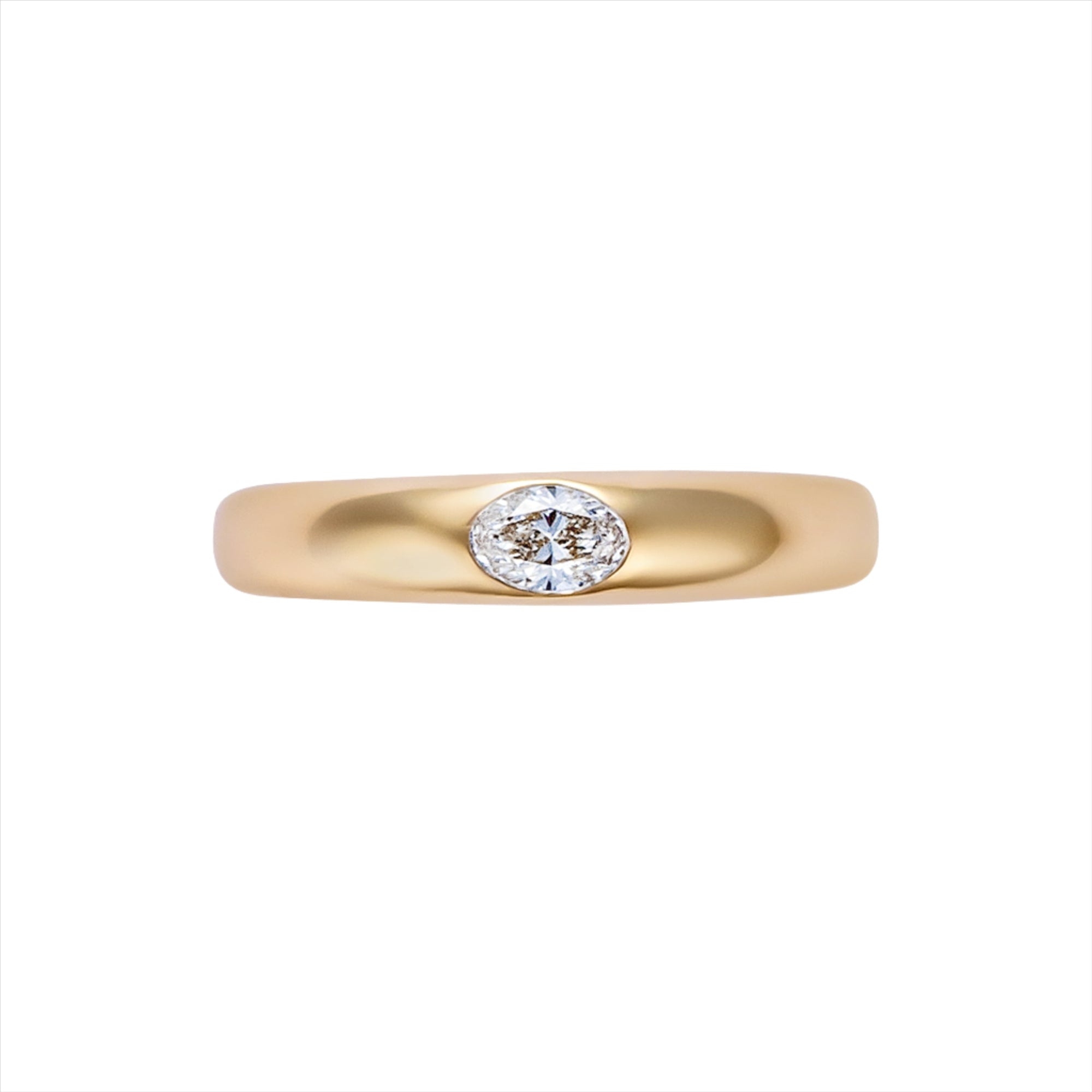 Sleek 14K yellow gold domed band ring featuring a 0.25ct G-H VS oval-cut diamond, designed for stacking or wearing solo with timeless elegance.
