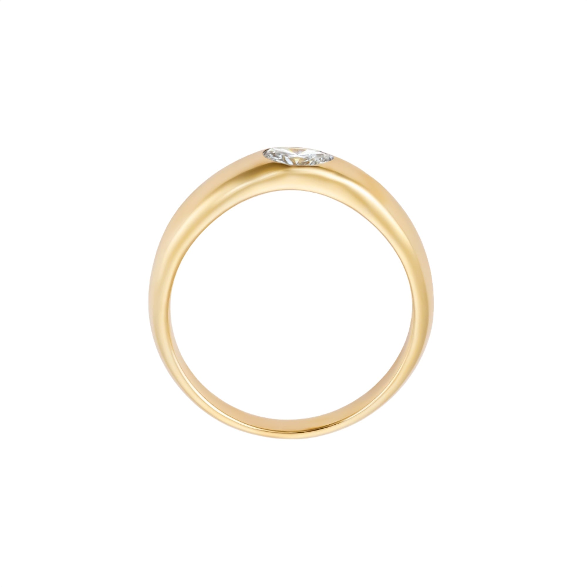 Sleek 14K yellow gold domed band ring featuring a 0.25ct G-H VS oval-cut diamond, designed for stacking or wearing solo with timeless elegance.