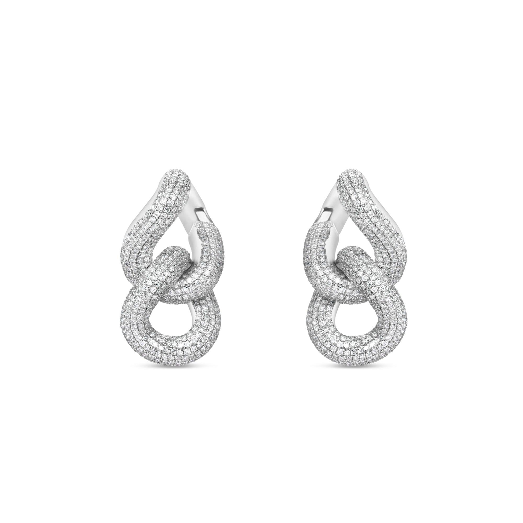 Radiant 14K gold double link earrings embellished with sparkling pavé diamonds, offering a timeless design that effortlessly transitions from everyday luxury to special occasions. White Gold Front View