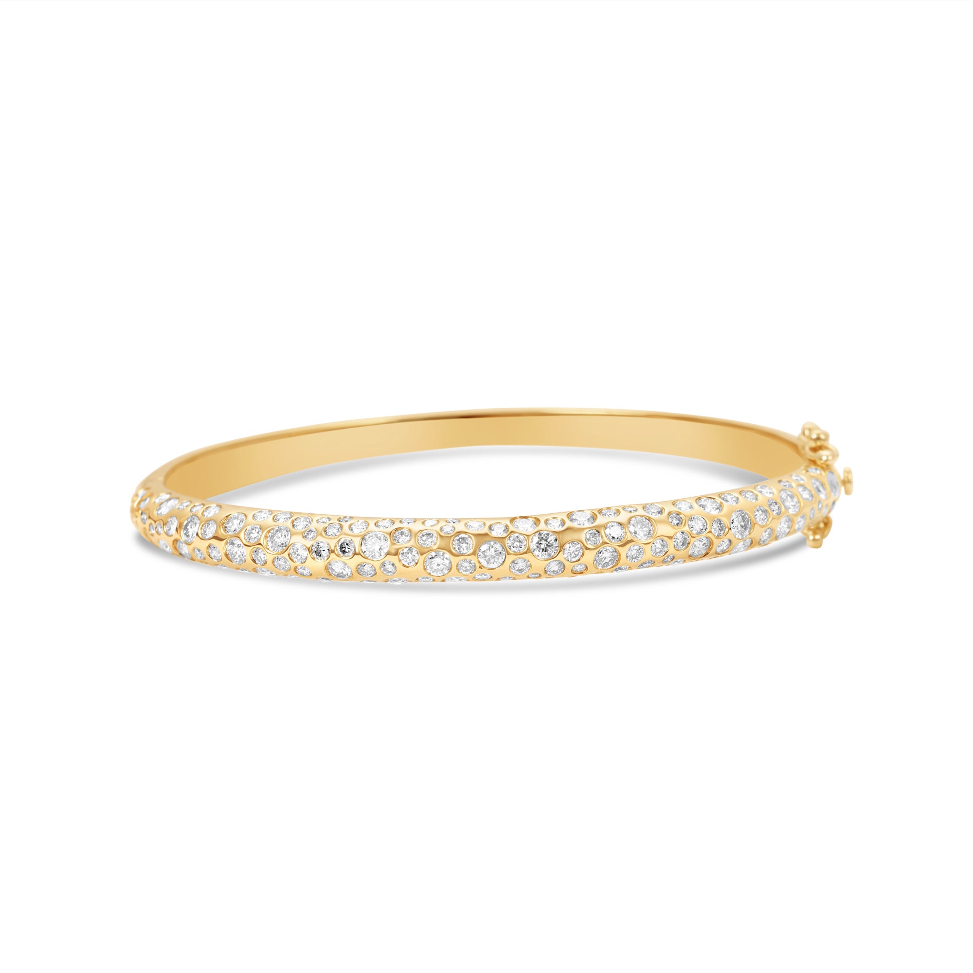 Luminous 14K yellow gold hinged bangle featuring dazzling pavé-set diamonds, exuding timeless elegance and refined brilliance for any occasion.