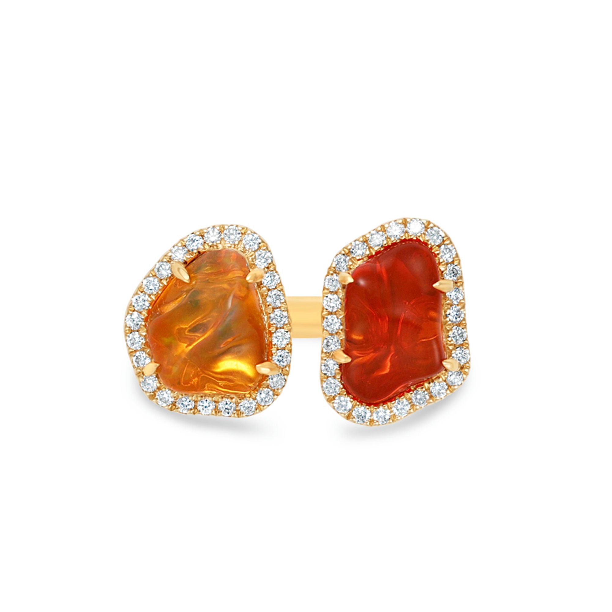 Exquisite 18K yellow gold toi et moi ring featuring dual-tone fire opals encircled by shimmering diamond halos, blending fiery brilliance with radiant sparkle for a timeless statement of love and harmony. Top view close up. 