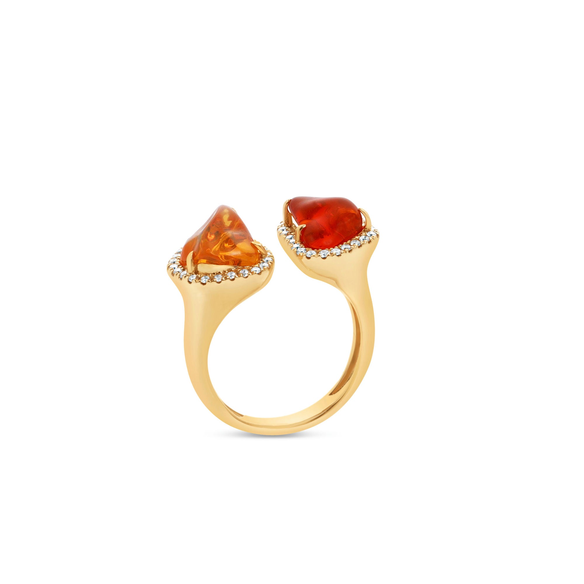 Exquisite 18K yellow gold toi et moi ring featuring dual-tone fire opals encircled by shimmering diamond halos, blending fiery brilliance with radiant sparkle for a timeless statement of love and harmony. side view.