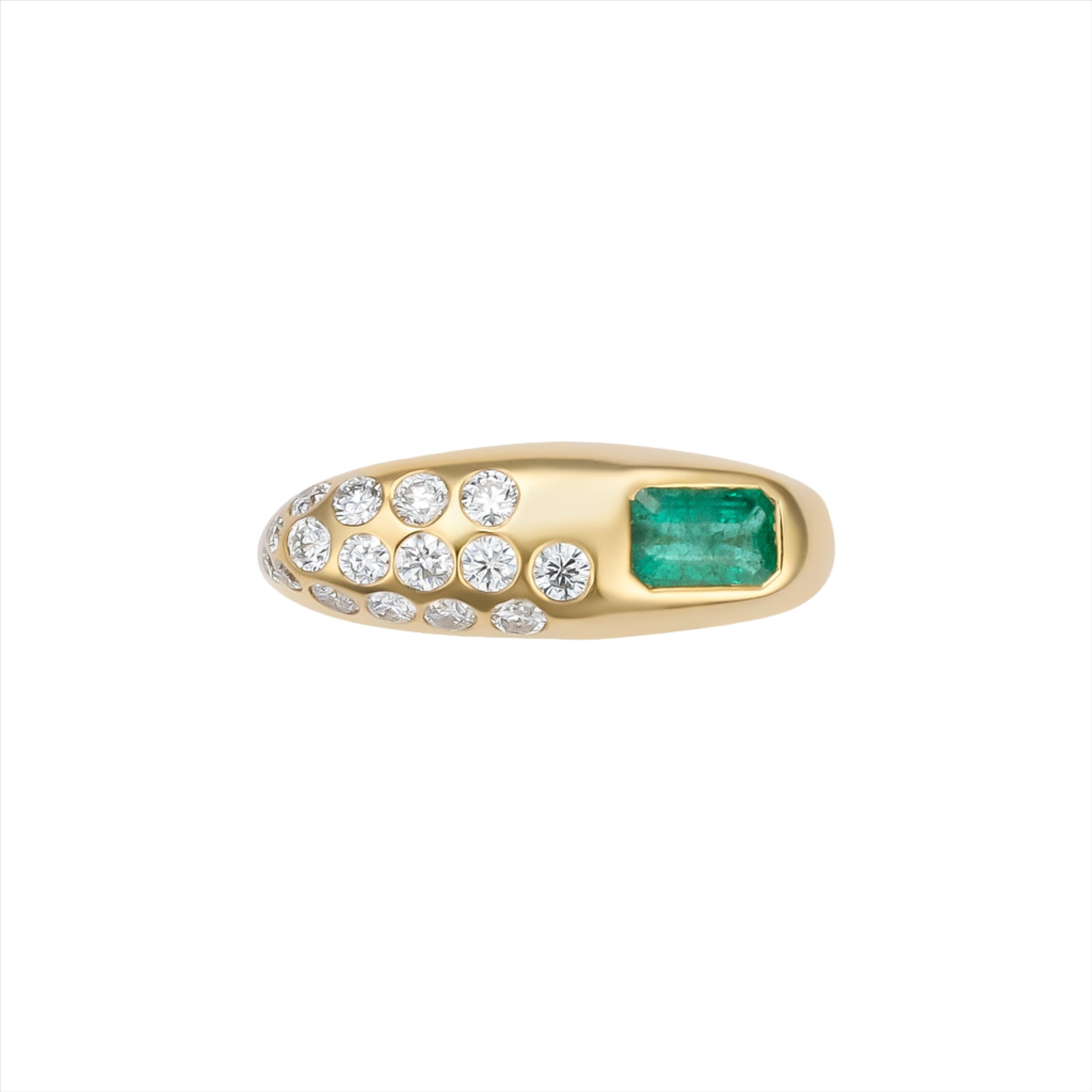 Chunky 14K yellow gold ring featuring a 0.53ct east-west emerald accented with 0.22ct of G-H VS diamonds in an asymmetrical, modern design—perfect for a bold yet refined statement.