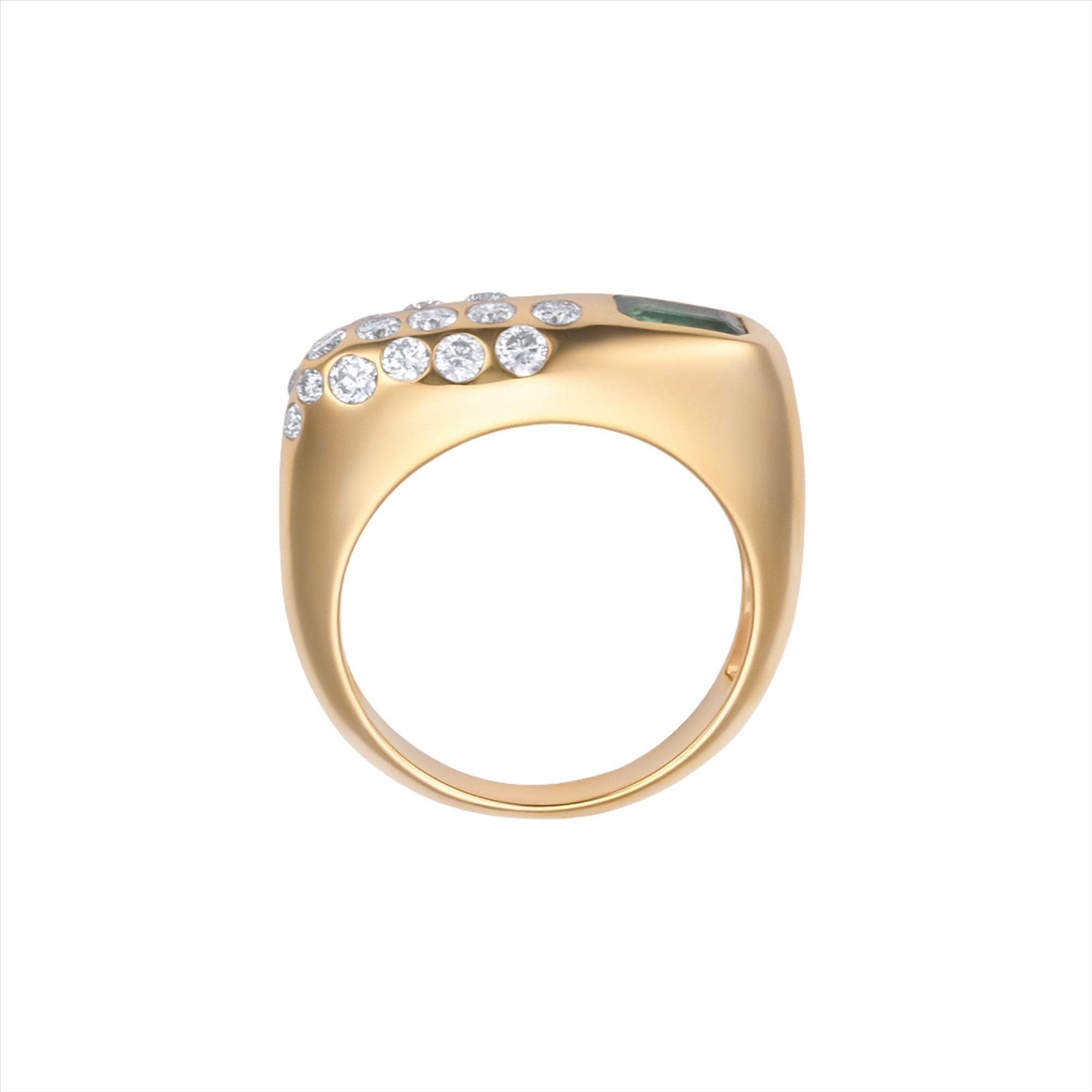 Chunky 14K yellow gold ring featuring a 0.53ct east-west emerald accented with 0.22ct of G-H VS diamonds in an asymmetrical, modern design—perfect for a bold yet refined statement.