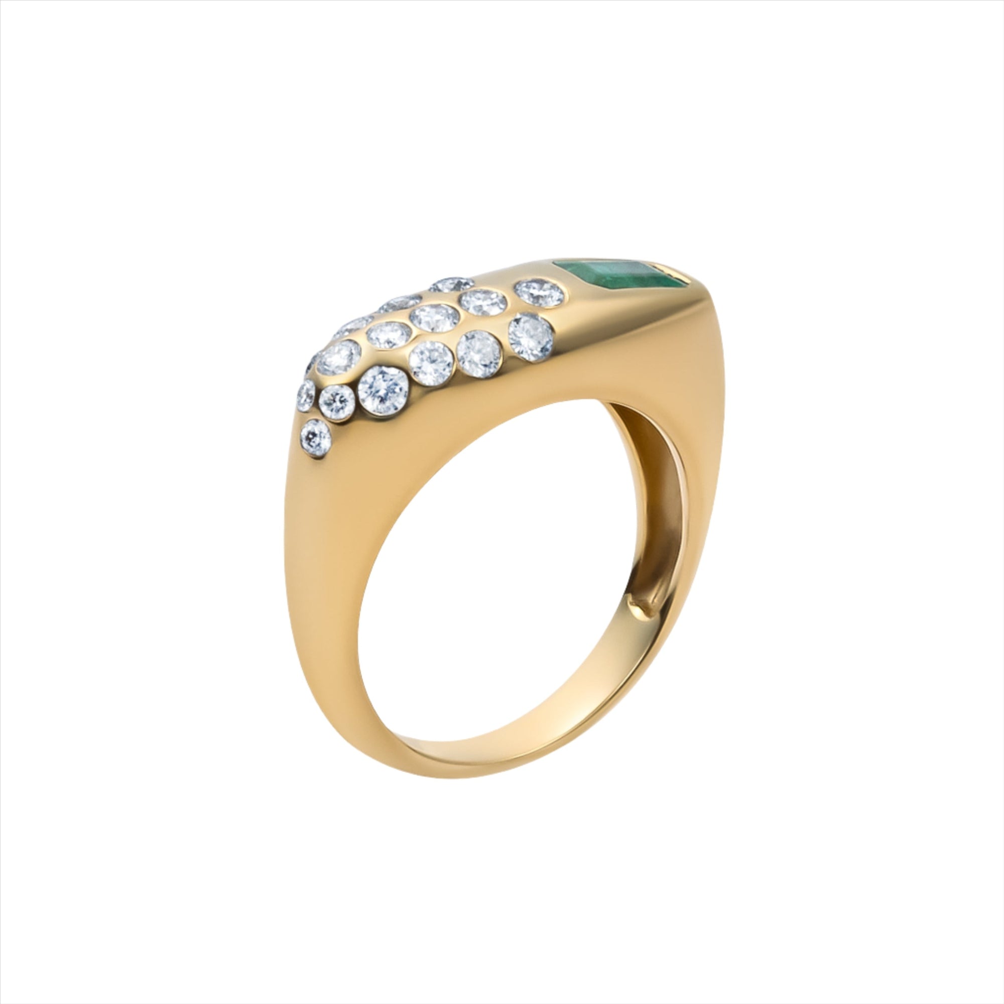Chunky 14K yellow gold ring featuring a 0.53ct east-west emerald accented with 0.22ct of G-H VS diamonds in an asymmetrical, modern design—perfect for a bold yet refined statement.