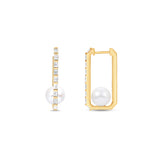 Stunning elongated hoop earrings featuring a sleek rectangular design adorned with diamond baguettes along the outside and a beautiful pearl solitaire at the bottom, crafted in 14K gold for a sophisticated statement. Front and side views. 
