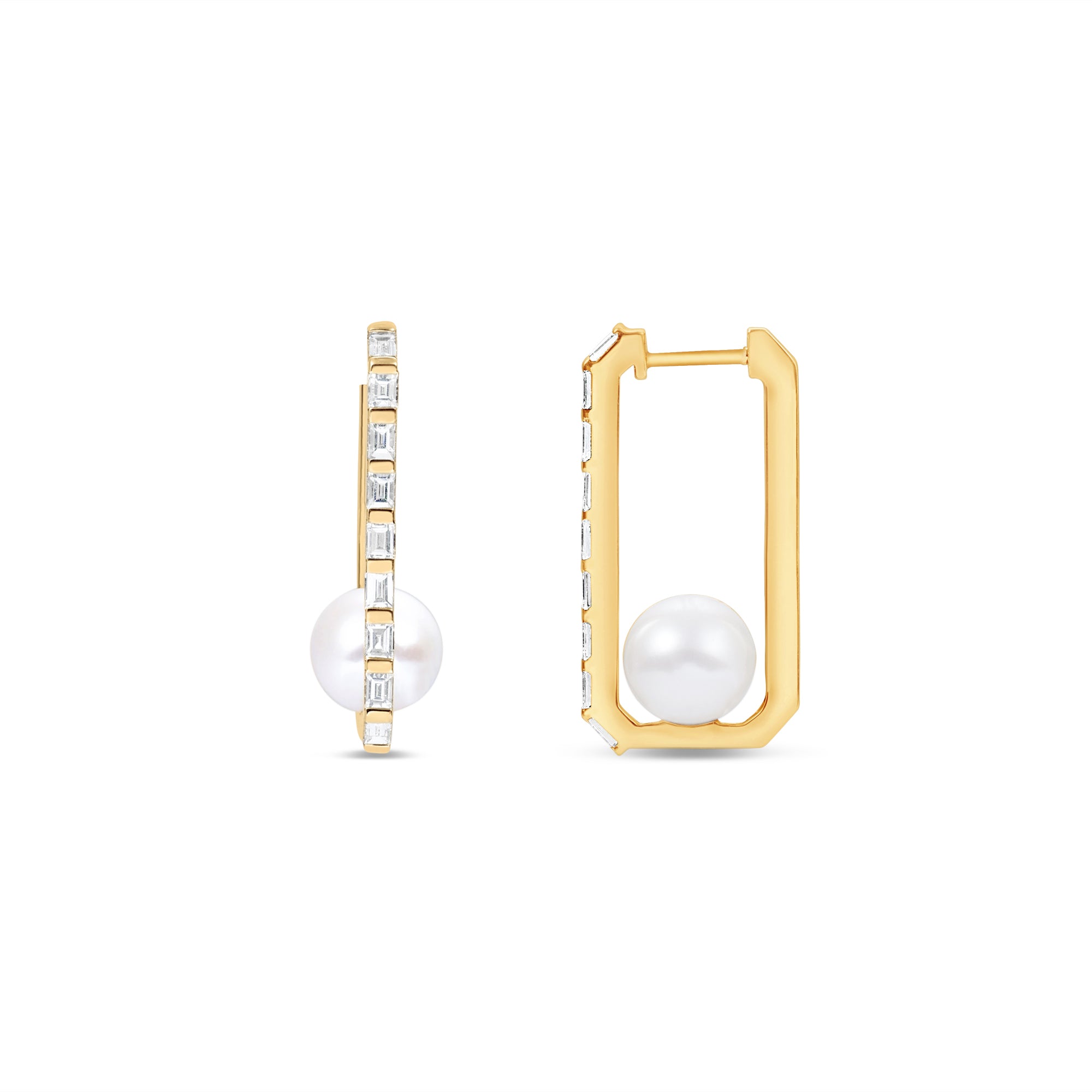 Stunning elongated hoop earrings featuring a sleek rectangular design adorned with diamond baguettes along the outside and a beautiful pearl solitaire at the bottom, crafted in 14K gold for a sophisticated statement. Front and side views. 