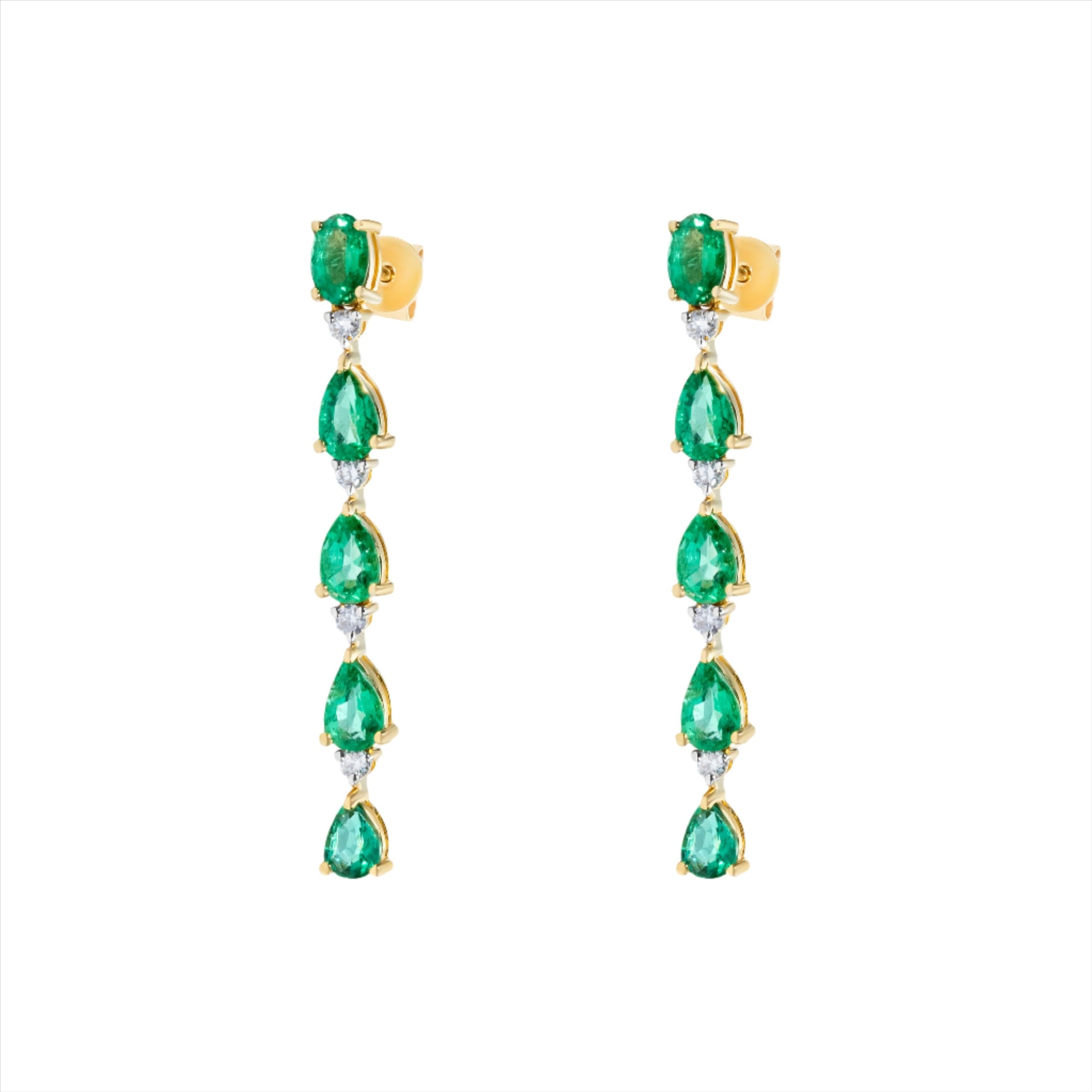 Elegant 14K yellow gold drop earrings featuring a linear arrangement of vivid pear-shaped emeralds totaling 3.52ct, each linked with a prong-set diamond (0.29ct), for a graceful and radiant look.